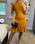 High Neck Pleated Metallic Dress Knee Length In Gold