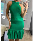 High Neck Pleated Metallic Dress Knee Length In Green