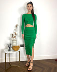 Long Sleeve Knit crop top with side lace up midi skirt co-ords in green
