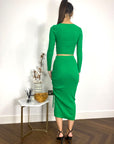 Long Sleeve Knit crop top with side lace up midi skirt co-ords in green