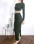 Scalloped shape knit top with diamonded chain embellish and midi skirt co-ords in green