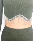 Scalloped shape knit top with diamonded chain embellish and midi skirt co-ords in green