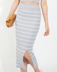Knitted stripe print vest top and midi skirt co-ords set in grey