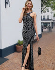 Multi Diamond and Pearl Embellished Open Back Maxi Dress