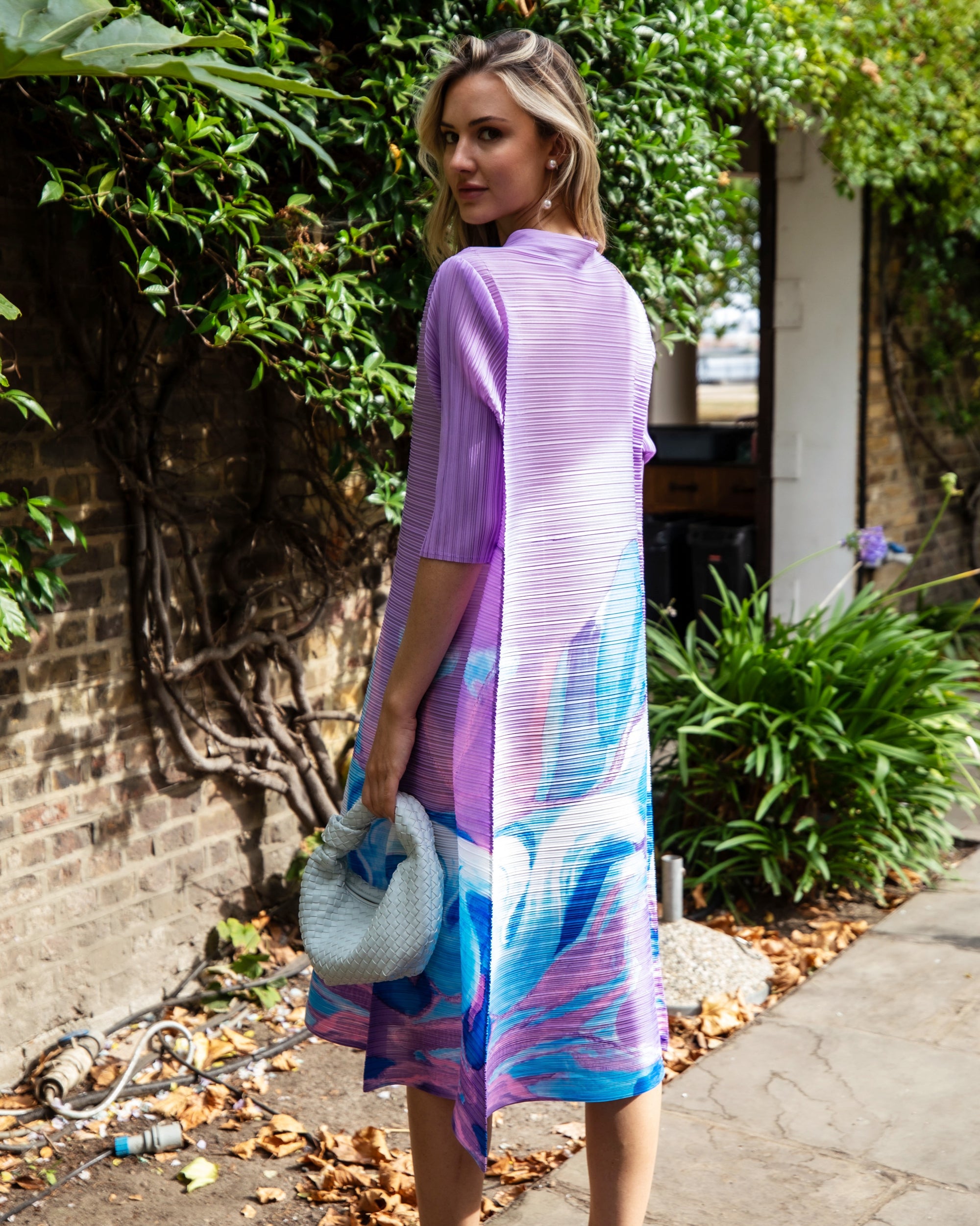 Floral Print Pleated Dress in three quarter sleeves in Purple