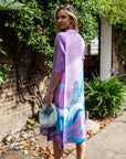 Floral Print Pleated Dress in three quarter sleeves in Purple