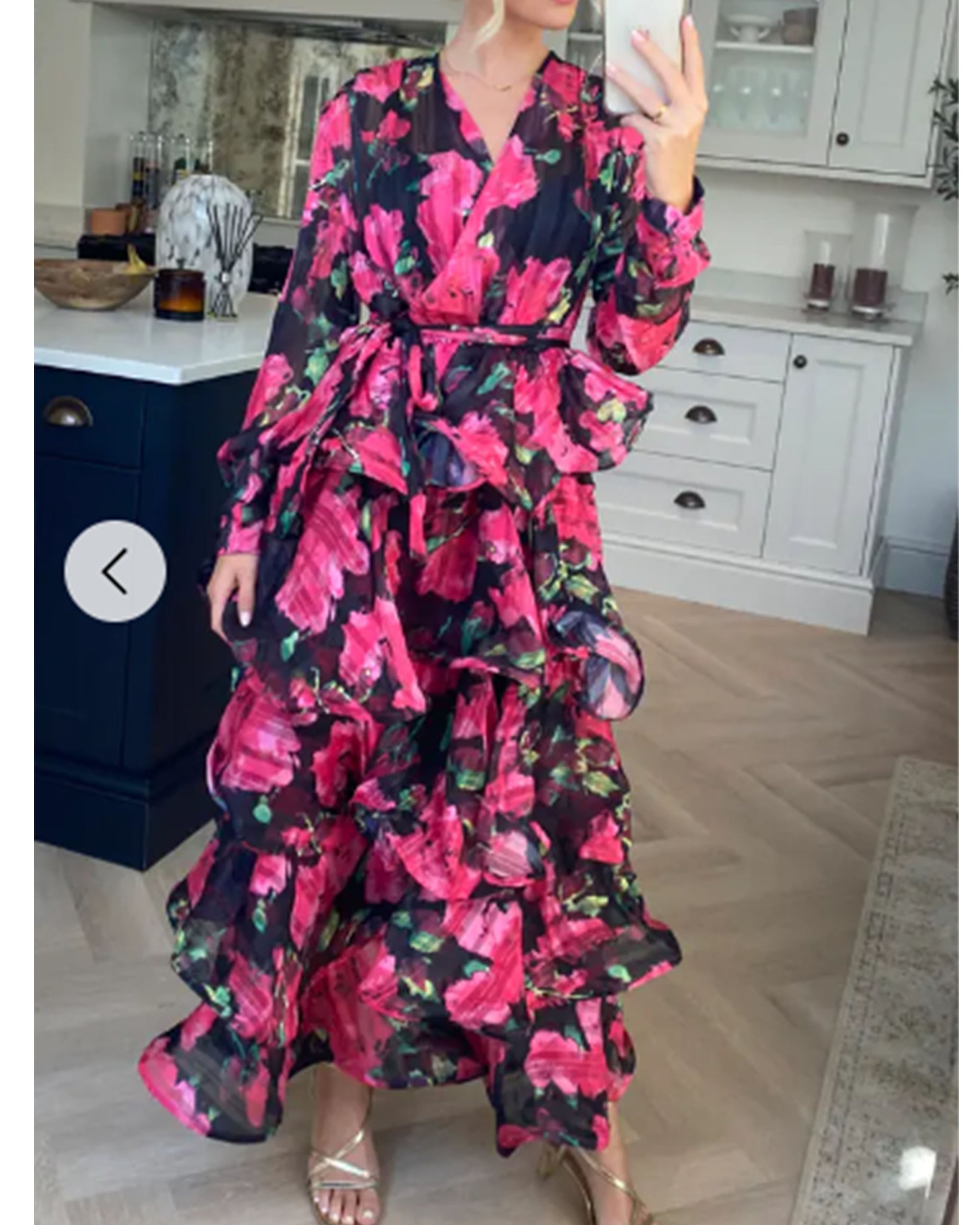 Floral Print Ruffl Multi Layer Hem design Maxi Dress in Pink