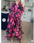 Floral Print Ruffl Multi Layer Hem design Maxi Dress in Pink