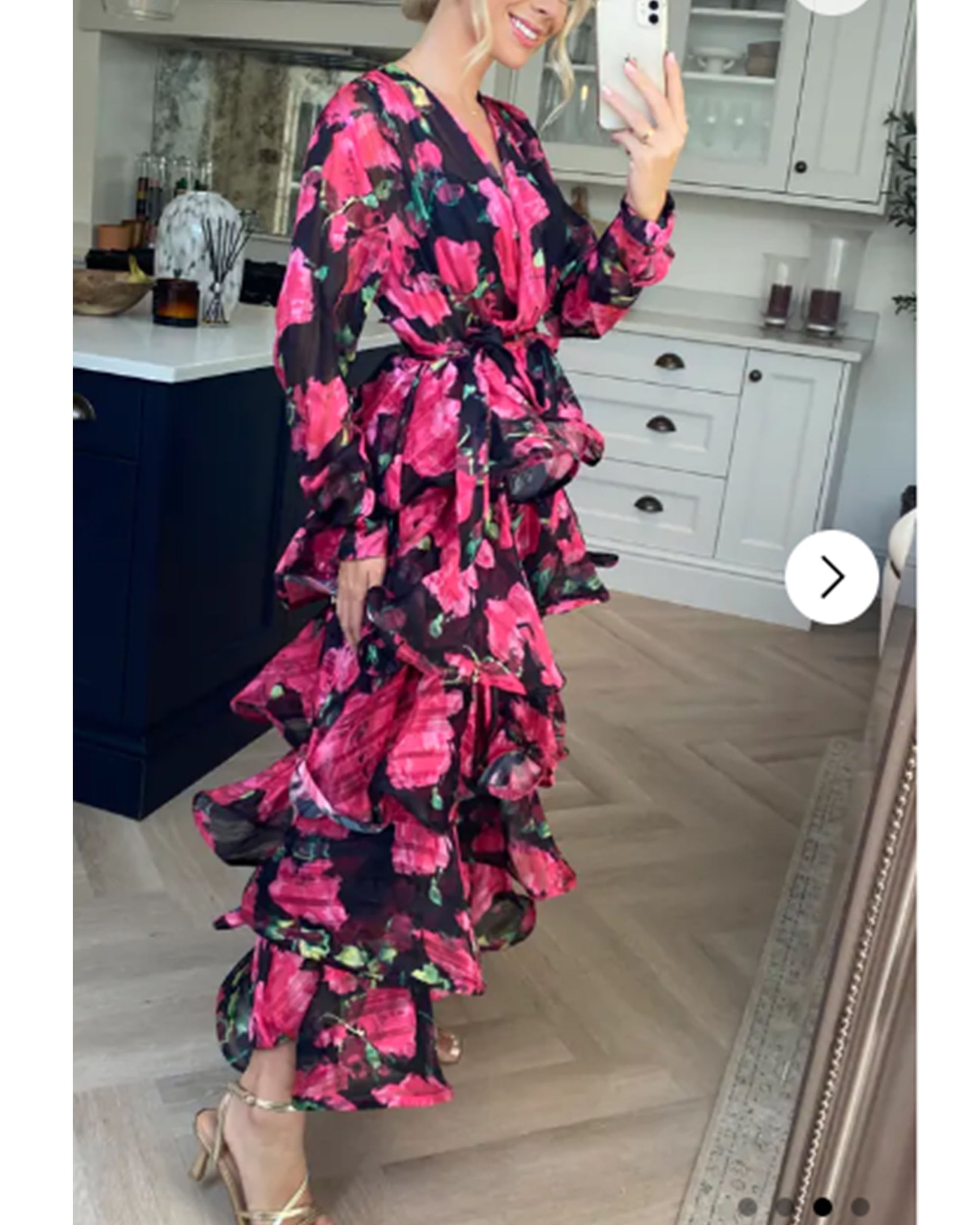 Floral Print Ruffl Multi Layer Hem design Maxi Dress in Pink