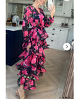 Floral Print Ruffl Multi Layer Hem design Maxi Dress in Pink