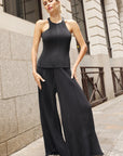 Pleated Cape Top, Vest & Wide Leg Trouser Set In Black