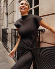 Statement Pleated Maxi Dress with Draped Tie Detail