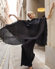 Pleated Cape Top, Vest & Wide Leg Trouser Set In Black