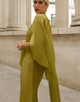 Elegant Pleated Cape Sleeve Maxi Dress with Tie Waist in Green