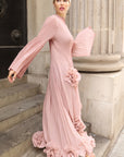 3D Floral Appliqué Pleated Maxi Dress with Statement Flare Sleeves