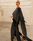 Elegant Pleated Cape Sleeve Maxi Dress with Tie Waist in Black