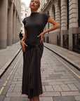 Statement Pleated Maxi Dress with Draped Tie Detail