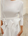 Statement Pleated Fringe Maxi Dress with Tie Waist in White