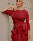 Statement Pleated Fringe Maxi Dress with Tie Waist in Burgundy