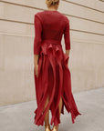 Statement Pleated Fringe Maxi Dress with Tie Waist in Burgundy