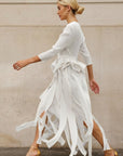Statement Pleated Fringe Maxi Dress with Tie Waist in White