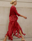 Statement Pleated Fringe Maxi Dress with Tie Waist in Burgundy