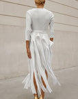 Statement Pleated Fringe Maxi Dress with Tie Waist in White