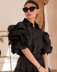Double Layered Ruffles statements sleeves shirt in Black
