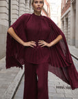 Pleated Cape Top, Vest & Wide Leg Trouser Set In Burgundy