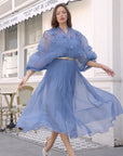 Floral Appliqué Pleated Organza Cape Midi Dress