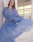Floral Appliqué Pleated Organza Cape Midi Dress
