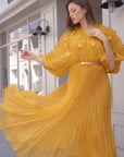 Floral Appliqué Pleated Organza Cape Midi Dress