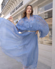 Floral Appliqué Pleated Organza Cape Midi Dress