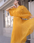 Floral Appliqué Pleated Organza Cape Midi Dress