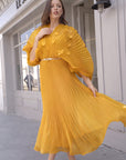 Floral Appliqué Pleated Organza Cape Midi Dress