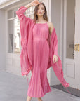Pleated Midi Dress with Oversized Ruffle Trim Kimono Cardigan Set