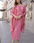 Pleated Midi Dress with Oversized Ruffle Trim Kimono Cardigan Set