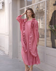 Pleated Midi Dress with Oversized Ruffle Trim Kimono Cardigan Set