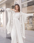 Pleated Midi Dress with Oversized Ruffle Trim Kimono Cardigan Set