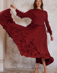 Floral Appliqué Pleated Maxi Dress with Side Tie Waist