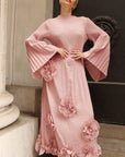 3D Floral Appliqué Pleated Maxi Dress with Statement Flare Sleeves