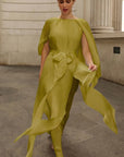 Elegant Pleated Cape Sleeve Maxi Dress with Tie Waist in Green