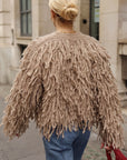 Statement Shaggy Fringe Hand-Knit Cardigan in Light Brown