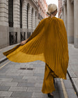 Pleated Cape Top, Vest & Wide Leg Trouser Set In Mustard