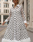 Polka Dot Sheer Tiered Button Down Maxi Shirt Dress