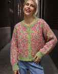 Leopard Print Fluffy Knit Cardigan in Green & Pink