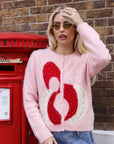 Statement Abstract Floral Embellished Fluffy Knit Cardigan in Pink