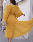 Floral Appliqué Pleated Organza Cape Midi Dress
