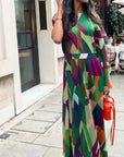Aztec Print Pleated Dress in asymmetric sleeves design in Green
