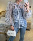 White color Oversized Organza shirt in polka dot print with bow design
